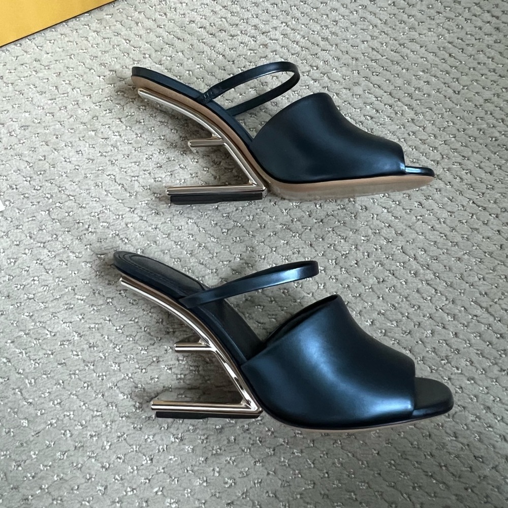 Fendi Metallic F-Heel Mule Sandals 39 NIB